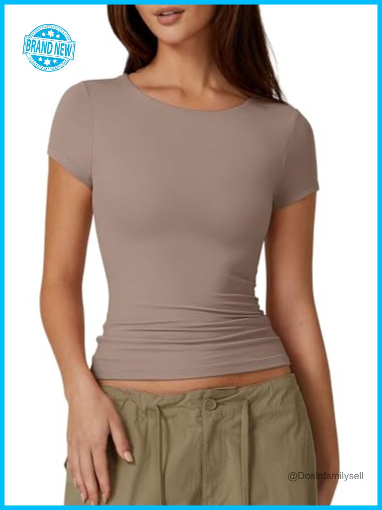 Women's Crew Neck Short Sleeve Tee Double Lined Slim Fit T-Shirt